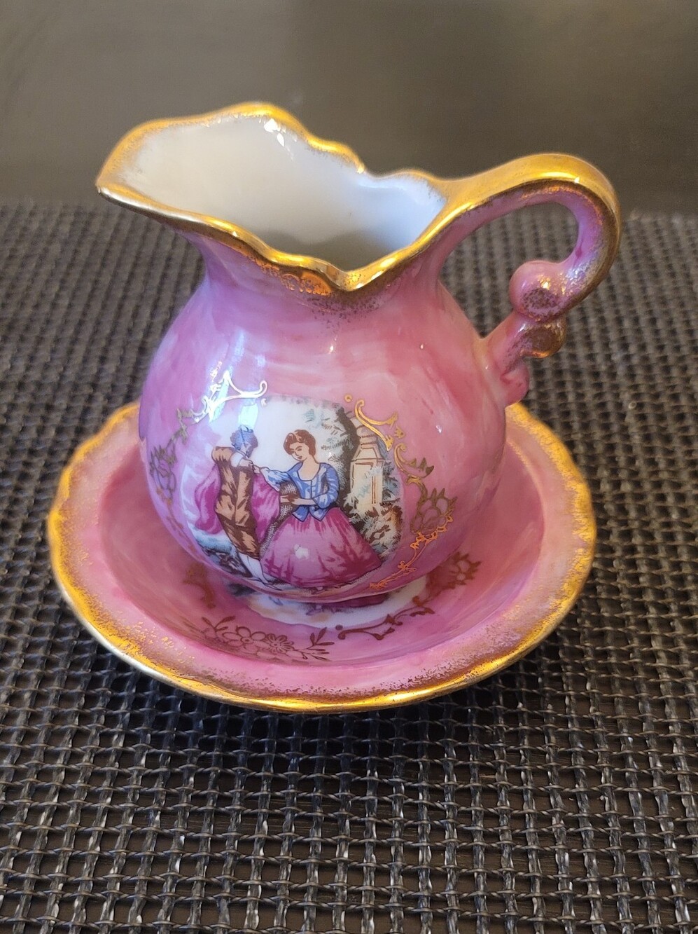 Vintage Miniature Pink Ceramic Pitcher Saucer Set